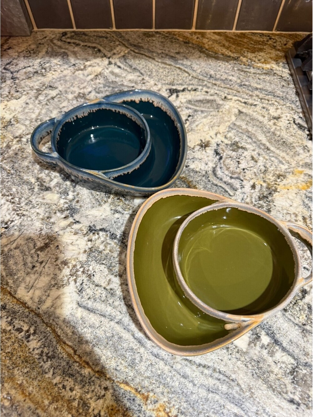 Stoneware Chip and Dip Serving Bowl Set - Olive Green and Blue